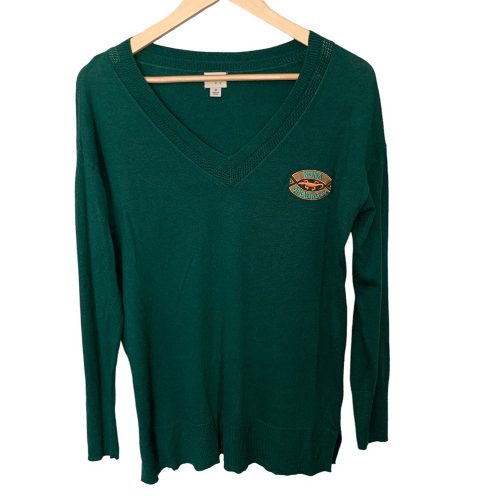 Kona Brewing A New Day Green V-Neck Pullover Sweater M Embroidered Shirt